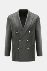 Luigi Bianchi Sakko dunkelgrau meliert, frontal fotografiert, zweireihig mit drei Knöpfen, Wappen-Emblem, Spitzrevers, Brust- und Hüfttaschen, Slim Fit, aus Schurwolle und Cashmere.