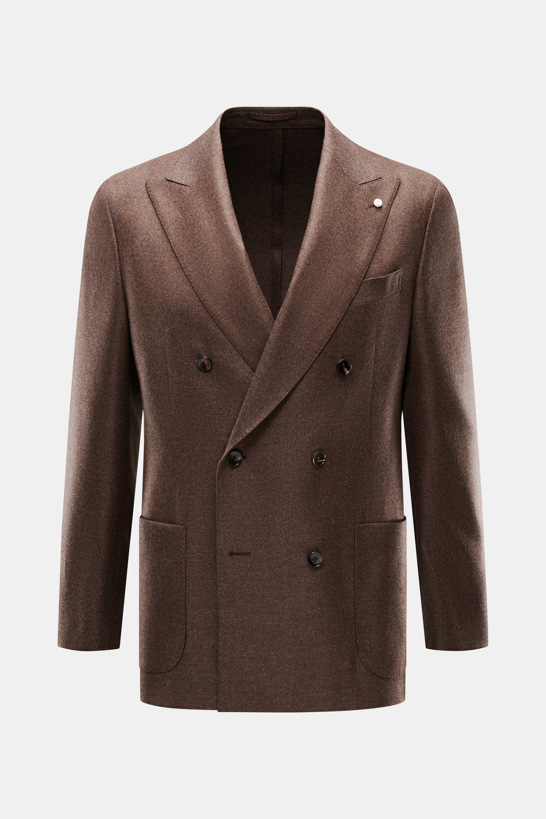 Luigi Bianchi Sakko braun meliert, frontale Nahaufnahme, zweireihig, Slim Fit, Schurwolle-Cashmere, Spitzrevers, Wappen-Knöpfe, Taschen, Pin am Revers.