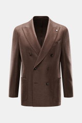 Luigi Bianchi Sakko braun meliert, frontale Nahaufnahme, zweireihig, Slim Fit, Schurwolle-Cashmere, Spitzrevers, Wappen-Knöpfe, Taschen, Pin am Revers.
