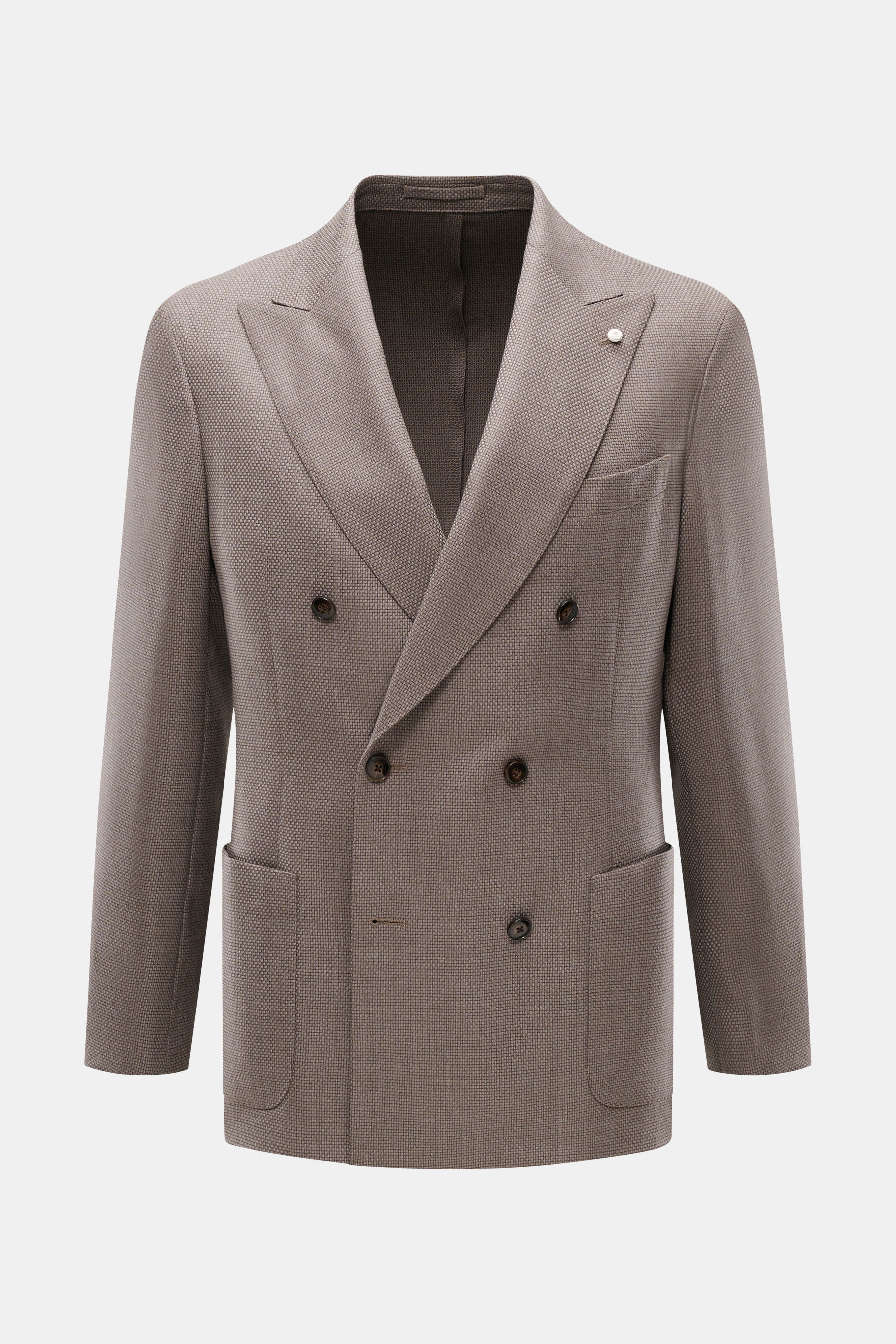 Luigi Bianchi Sakko taupe, zweireihig mit drei Knöpfen, Spitzrevers, Pin, Brust- und Hüfttaschen, aus reiner Schurwolle, Slim Fit, frontale Nahaufnahme.