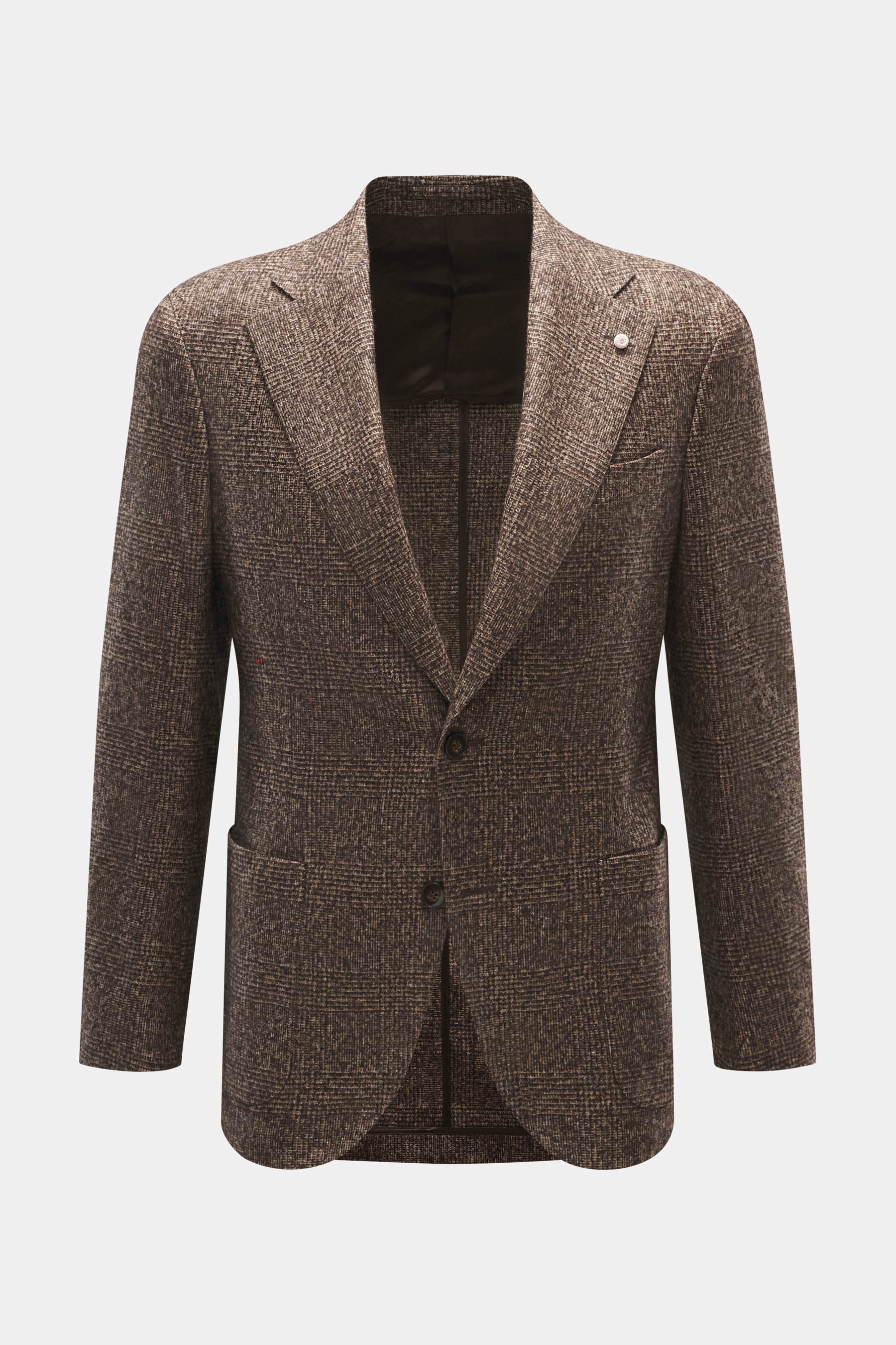 Front view of Luigi Bianchi Dark grey/black checkered blazer with Prince-of-Wales pattern, slim fit, wide lapel, two buttons, and classic pockets.

Description: <p>Italian craftsmanship by LUIGI BIANCHI: This blazer with a striking Prince-of-Wales check