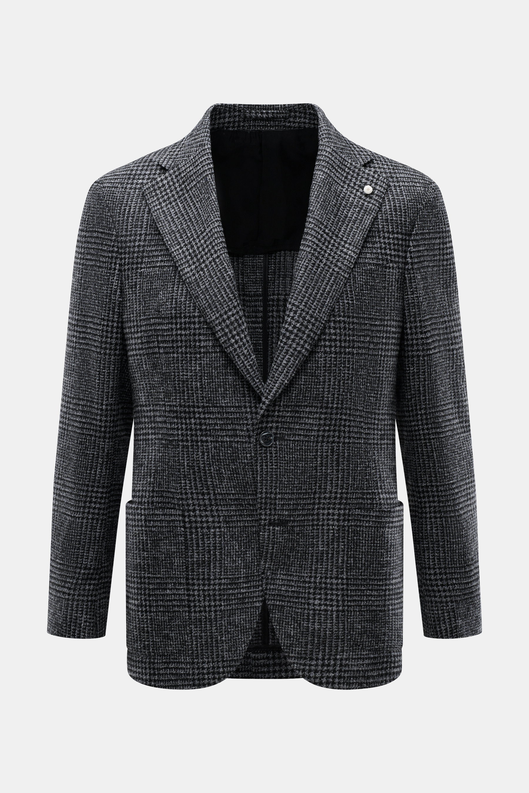 Luigi Bianchi Sakko grau/schwarz kariert im Slim Fit, Prince-of-Wales-Muster, Alpaka-Schurwolle, frontale Nahaufnahme mit Revers, Knöpfen und Taschen.