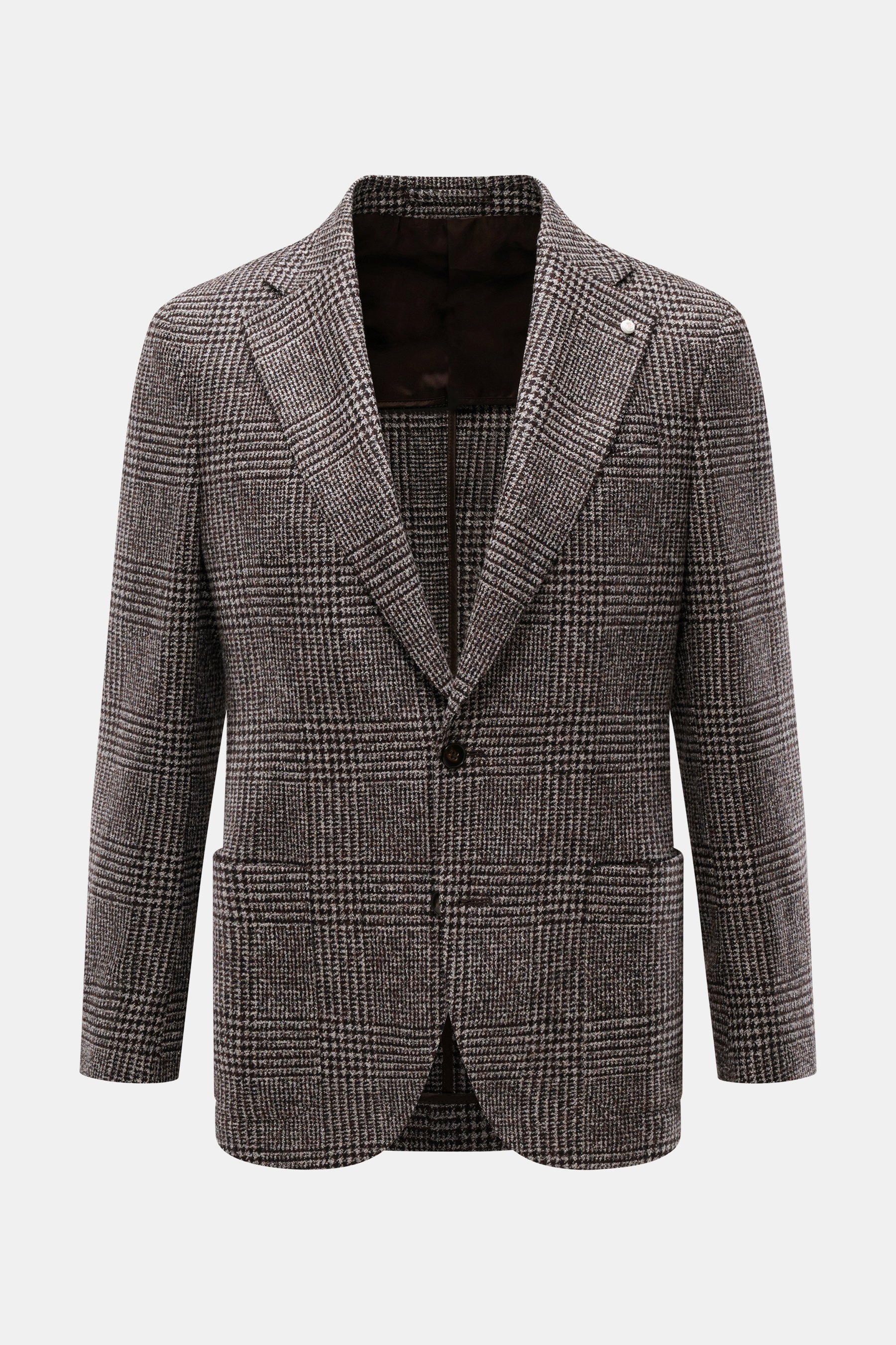 Luigi Bianchi Sakko dunkelbraun/beige kariert mit Prince-of-Wales-Muster, Slim Fit, breitem Revers und Pin, frontal fotografiert.