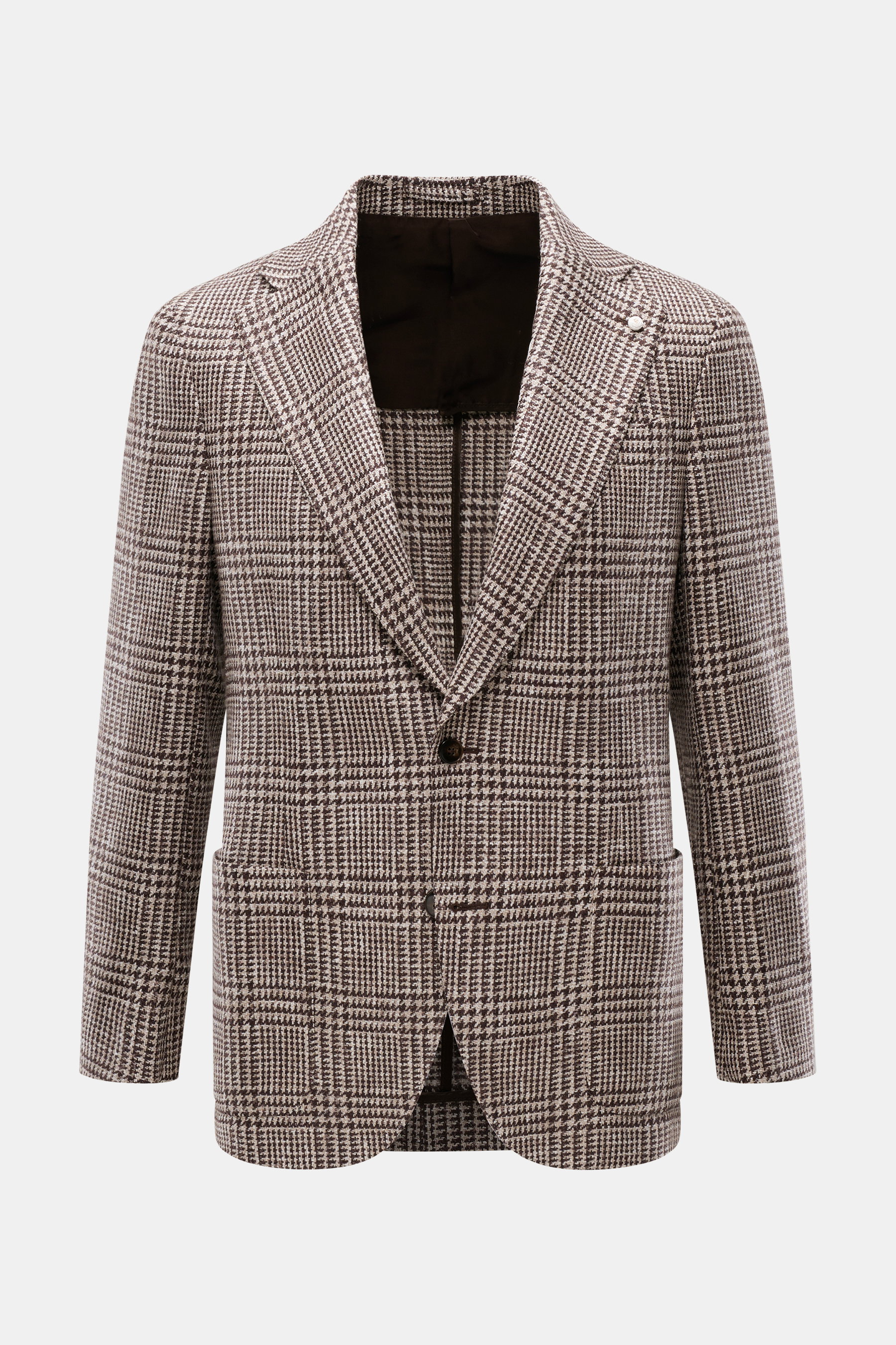 Vorderansicht des Luigi Bianchi Sakko dunkelbraun/beige kariert mit Prince-of-Wales-Muster, breitem Revers, zwei Knöpfen, Pin am Revers, aufgesetzten Taschen, Slim Fit, aus Schur- und Alpakawolle.