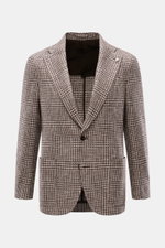 Vorderansicht des Luigi Bianchi Sakko dunkelbraun/beige kariert mit Prince-of-Wales-Muster, breitem Revers, zwei Knöpfen, Pin am Revers, aufgesetzten Taschen, Slim Fit, aus Schur- und Alpakawolle.