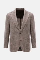 Vorderansicht des Luigi Bianchi Sakko dunkelbraun/beige kariert mit Prince-of-Wales-Muster, breitem Revers, zwei Knöpfen, Pin am Revers, aufgesetzten Taschen, Slim Fit, aus Schur- und Alpakawolle.