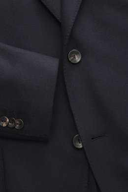 Agnona Cashmere Blazer dark navy melange close-up from front showing pure cashmere fabric, very soft touch, slim fit, tailored two-button style, notched lapel, classic breast pocket, patch hip pockets, kissing buttons, rear side vents, unstructured design