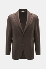 Front view of Agnona Cashmere Blazer dark brown melange, slim fit, pure cashmere, very soft touch, tailored two-button, notched lapel, classic breast pocket, patch hip pockets, kissing buttons, rear side vents, unstructured design, two inner pockets.