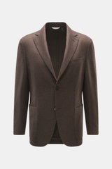 Front view of Agnona Cashmere Blazer dark brown melange, slim fit, pure cashmere, very soft touch, tailored two-button, notched lapel, classic breast pocket, patch hip pockets, kissing buttons, rear side vents, unstructured design, two inner pockets.