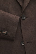 Agnona Cashmere Blazer dark brown melange close-up from front showing pure cashmere fabric, very soft touch, slim fit, tailored two-button style, notched lapel, classic breast pocket, patch hip pockets, kissing buttons, rear side vents, unstructured desig