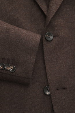 Agnona Cashmere Blazer dark brown melange close-up from front showing pure cashmere fabric, very soft touch, slim fit, tailored two-button style, notched lapel, classic breast pocket, patch hip pockets, kissing buttons, rear side vents, unstructured desig