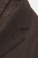 Agnona Cashmere Blazer dark brown melange shown from a close-up front angle, pure cashmere, very soft touch, slim fit, tailored two-button style, notched lapel, classic breast pocket, patch hip pockets, kissing buttons, rear side vents, unstructured desig