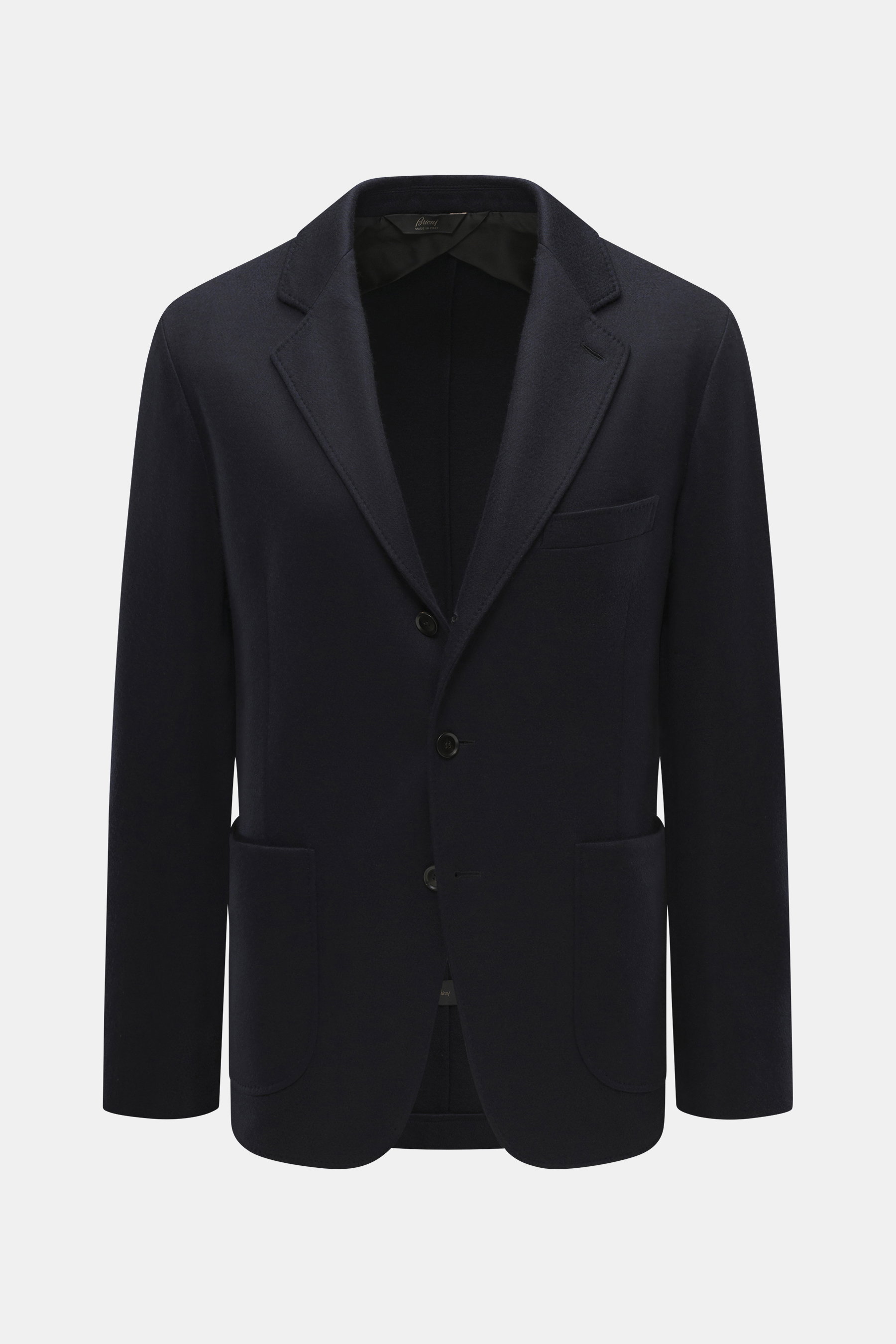 Front view of Brioni Jersey blazer navy in finest cashmere and silk jersey, slim fit with notched lapel, chest pocket, patch hip pockets, leather collar trim, and unconstructed design.