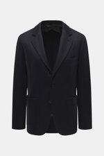 Front view of Brioni Jersey blazer navy in finest cashmere and silk jersey, slim fit with notched lapel, chest pocket, patch hip pockets, leather collar trim, and unconstructed design.