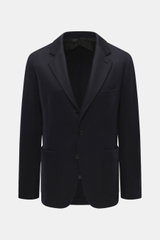 Front view of Brioni Jersey blazer navy in finest cashmere and silk jersey, slim fit with notched lapel, chest pocket, patch hip pockets, leather collar trim, and unconstructed design.
