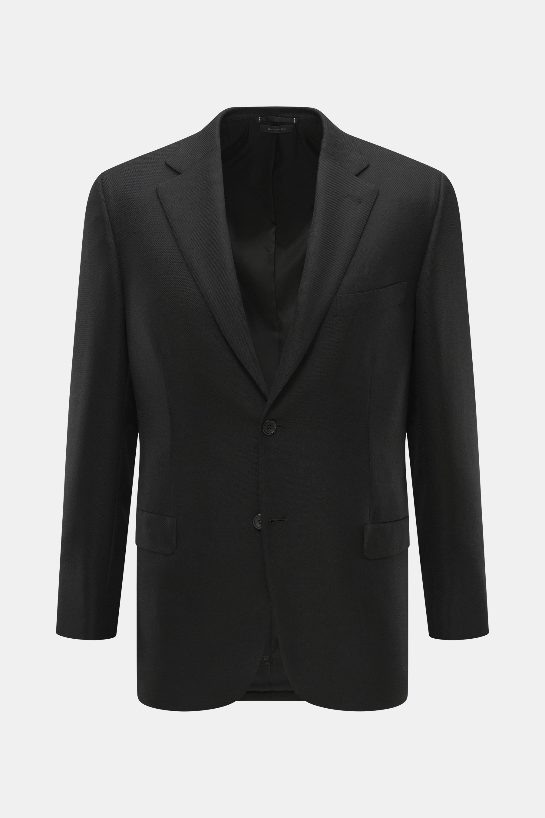 Brioni Blazer 'Ravello' black front view, tailored two-button style with notch lapels, wool-cashmere mix, slim fit, classic breast pocket, hip flap pockets, unfinished cuffs, rear vents, smooth woven texture, branded lining, and three inner pockets. Itali