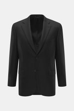 Brioni Blazer 'Ravello' black front view, tailored two-button style with notch lapels, wool-cashmere mix, slim fit, classic breast pocket, hip flap pockets, unfinished cuffs, rear vents, smooth woven texture, branded lining, and three inner pockets. Itali