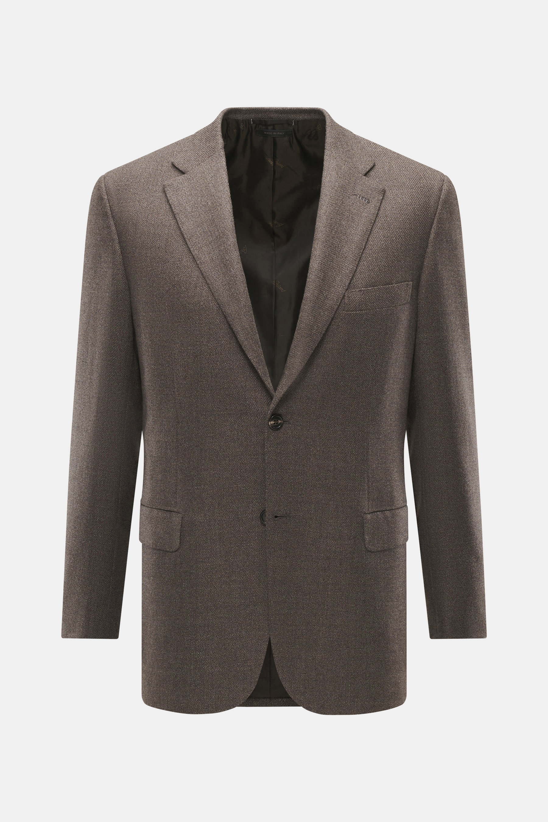 Brioni Sakko 'Ravello' graubraun meliert, Slim Fit, taillierter Zwei-Knopf-Stil mit fallendem Revers, Brust- und Hüfttaschen, von vorne fotografiert.
