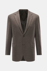 Brioni Sakko 'Ravello' graubraun meliert, Slim Fit, taillierter Zwei-Knopf-Stil mit fallendem Revers, Brust- und Hüfttaschen, von vorne fotografiert.