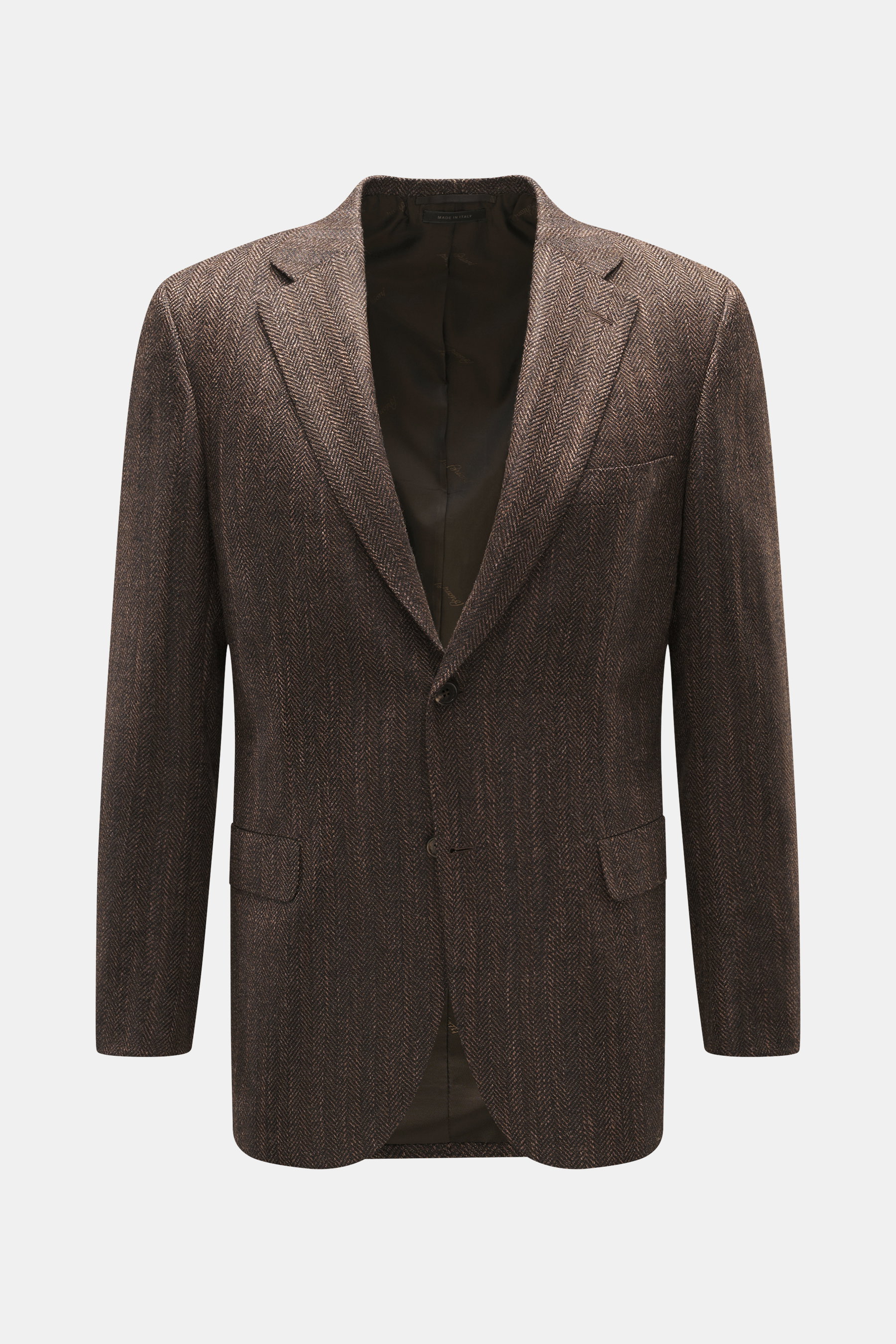 Brioni Blazer 'Ravello' dark brown/brown patterned, slim fit, wool and silk mix, herringbone weave, two-button, notched lapel, front view.
