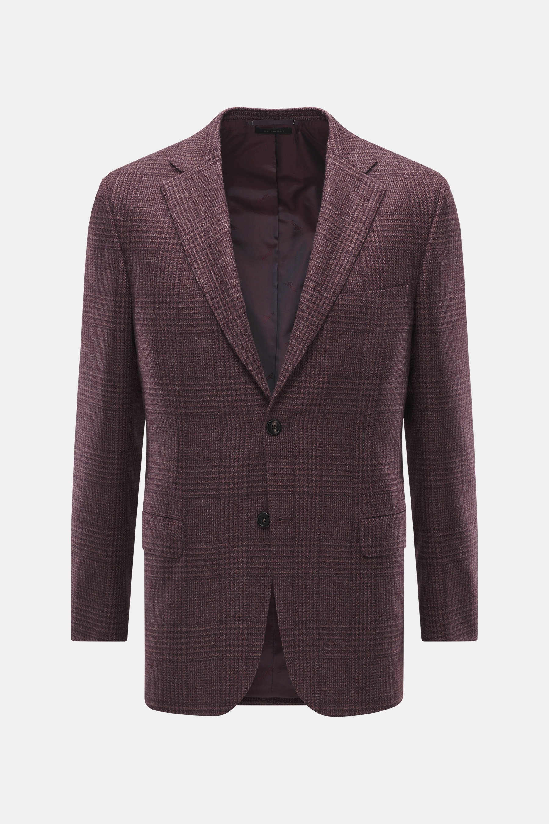 Front view of Brioni Blazer 'Ravello' mauve checkered, a slim fit Italian blazer blending wool and silk with classic Glen check, two-button style, notch lapels, breast pocket, flap hip pockets, unfinished sleeves, rear vents, branded lining, and three inn
