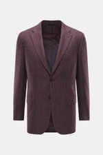 Front view of Brioni Blazer 'Ravello' mauve checkered, a slim fit Italian blazer blending wool and silk with classic Glen check, two-button style, notch lapels, breast pocket, flap hip pockets, unfinished sleeves, rear vents, branded lining, and three inn