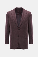 Front view of Brioni Blazer 'Ravello' mauve checkered, a slim fit Italian blazer blending wool and silk with classic Glen check, two-button style, notch lapels, breast pocket, flap hip pockets, unfinished sleeves, rear vents, branded lining, and three inn