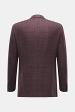 Back view of Brioni Blazer 'Ravello' mauve checkered, showcasing Italian craftsmanship with wool-silk blend, Glen check pattern, slim fit, notch lapels, tailored two-button style, classic breast pocket, hip flap pockets, unfinished sleeve ends, rear side 