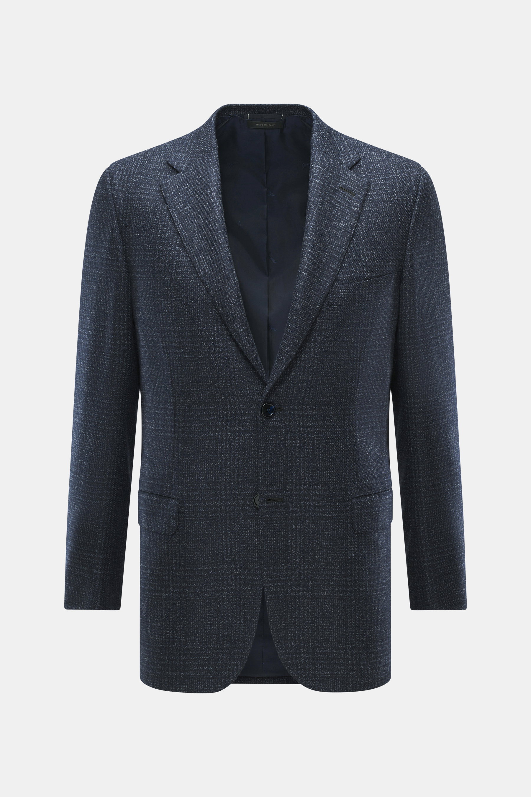Brioni Blazer 'Ravello' navy checkered shown from the front, tailored two-button style with notch lapels, classic Glen check pattern, mix of wool and silk, slim fit, breast and hip flap pockets, unfinished sleeve ends, rear side vents, branded lining fabr