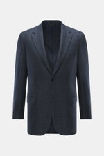 Brioni Blazer 'Ravello' navy checkered shown from the front, tailored two-button style with notch lapels, classic Glen check pattern, mix of wool and silk, slim fit, breast and hip flap pockets, unfinished sleeve ends, rear side vents, branded lining fabr