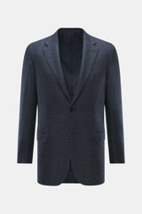 Brioni Blazer 'Ravello' navy checkered shown from the front, tailored two-button style with notch lapels, classic Glen check pattern, mix of wool and silk, slim fit, breast and hip flap pockets, unfinished sleeve ends, rear side vents, branded lining fabr
