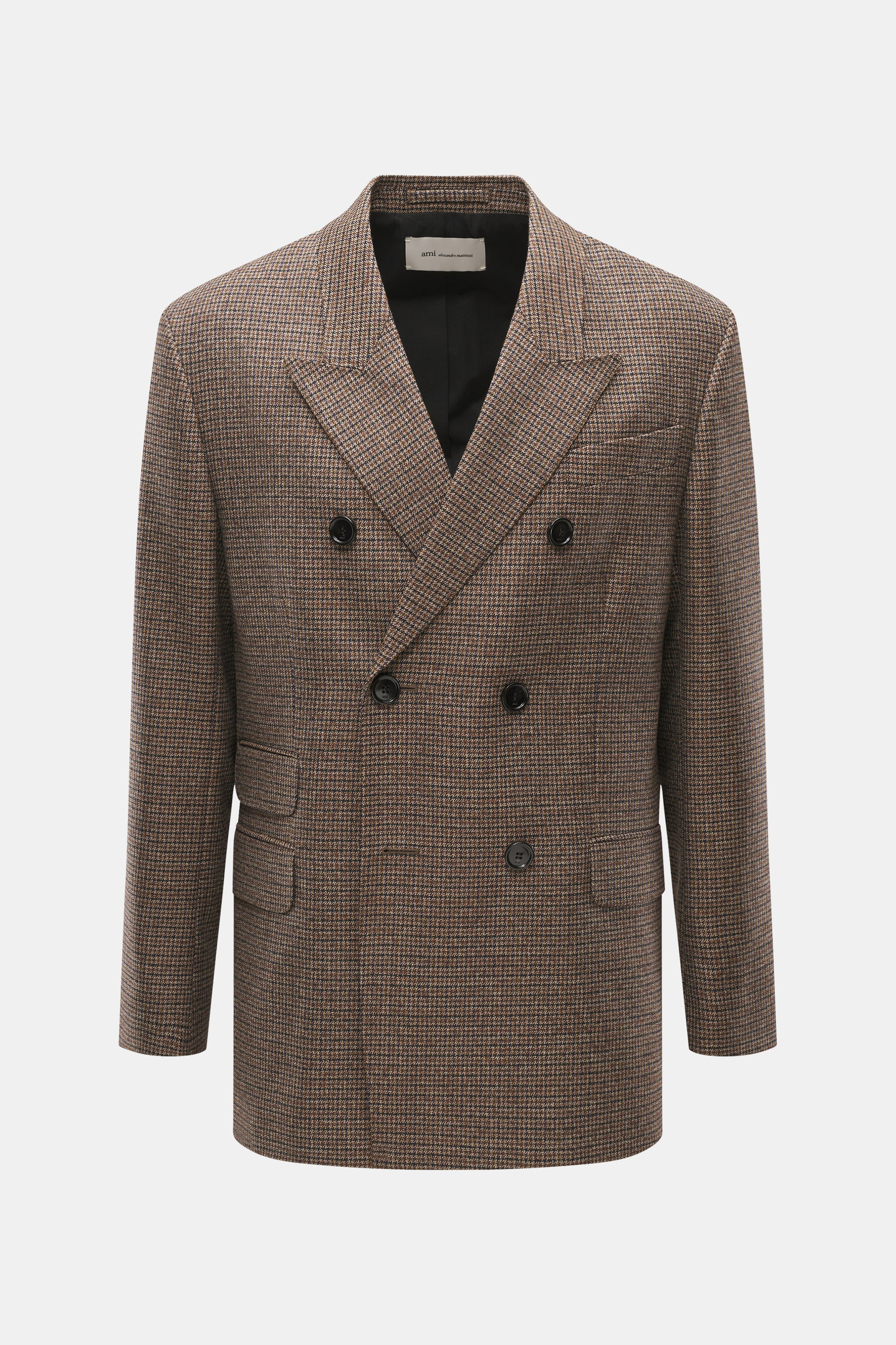 Front view of Ami Paris Blazer khaki/navy checkered in pure new wool with mini houndstooth weave pattern, slim fit, double-breasted three-button style, peak lapel, hip pockets with flap, sleeve cuffs with buttons, rear side vents, soft lining fabric, and 