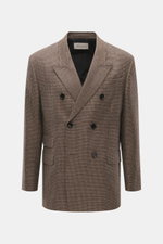 Front view of Ami Paris Blazer khaki/navy checkered in pure new wool with mini houndstooth weave pattern, slim fit, double-breasted three-button style, peak lapel, hip pockets with flap, sleeve cuffs with buttons, rear side vents, soft lining fabric, and 