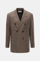 Front view of Ami Paris Blazer khaki/navy checkered in pure new wool with mini houndstooth weave pattern, slim fit, double-breasted three-button style, peak lapel, hip pockets with flap, sleeve cuffs with buttons, rear side vents, soft lining fabric, and 