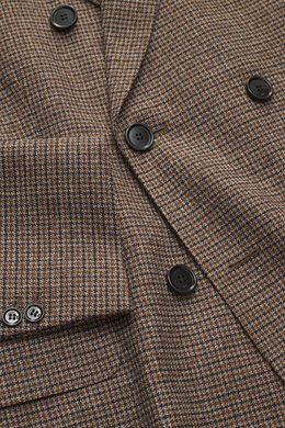 Close-up front view of Ami Paris Blazer khaki/navy checkered showing pure new wool fabric with mini houndstooth weave pattern, slim fit, double-breasted three-button style, peak lapel, hip pockets with flap, sleeve cuffs with buttons, rear side vents, sof