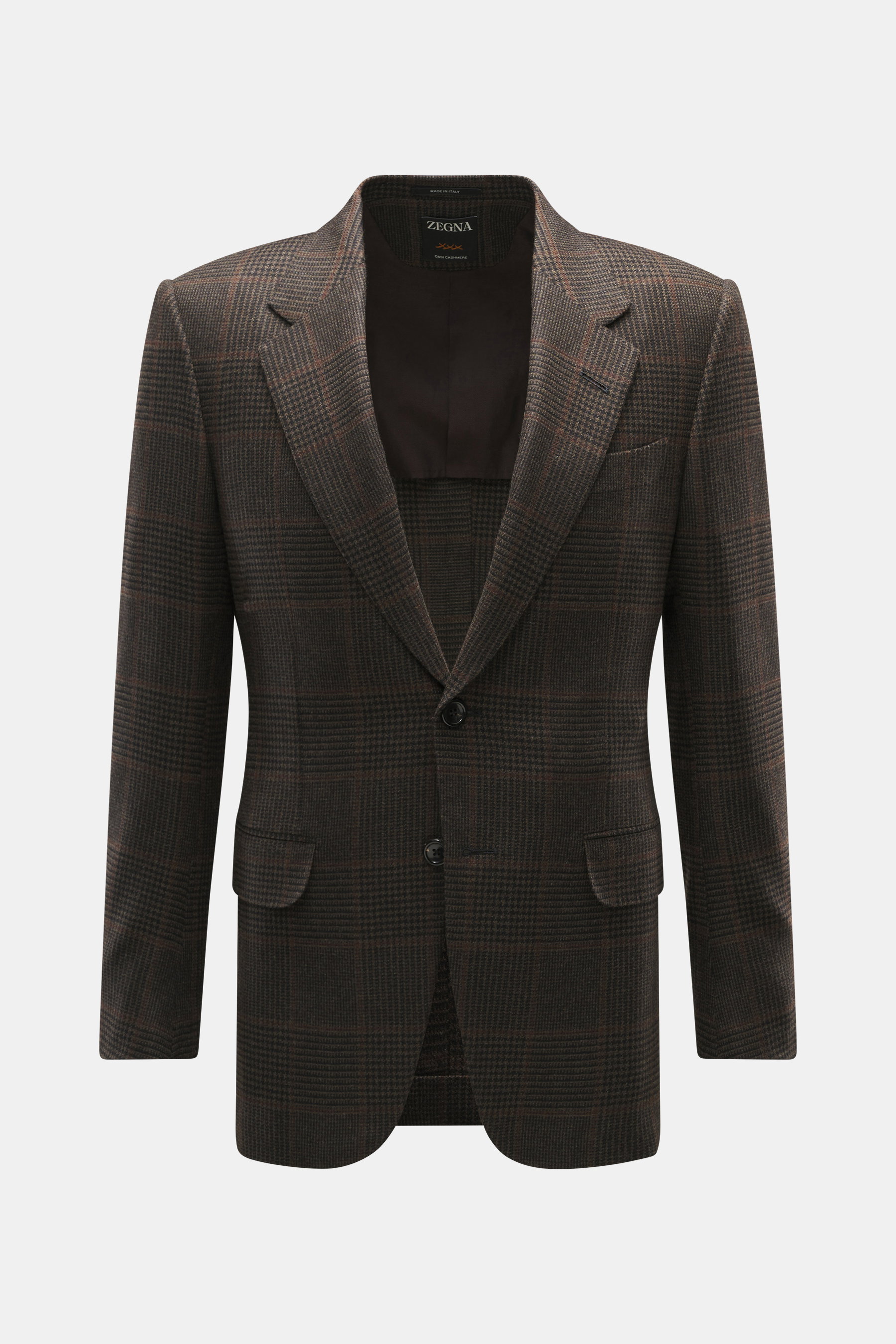 Zegna Cashmere Sakko 'Couture' dunkelbraun/graubraun kariert, Slim Fit mit Glencheck-Karo, fallendem Revers, Zwei-Knopf-Stil, frontal fotografiert.