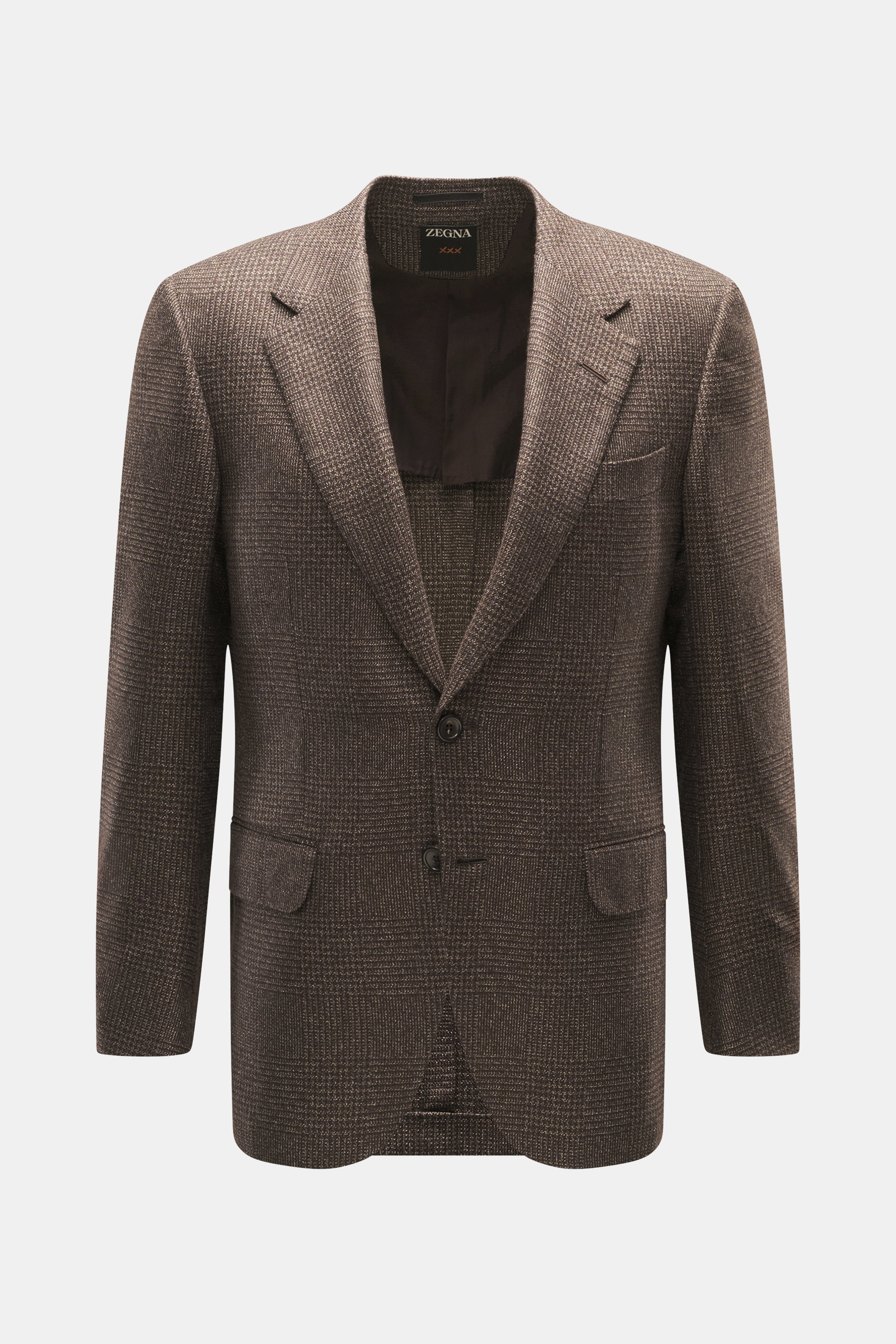 Zegna Sakko dunkelbraun/beige kariert, Slim Fit, Zwei-Knopf-Stil, fallendes Revers, Brusttasche, Hüfttaschen, halb gefüttert, frontal fotografiert.