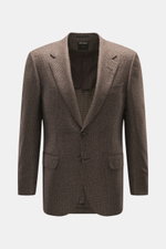 Zegna Sakko dunkelbraun/beige kariert, Slim Fit, Zwei-Knopf-Stil, fallendes Revers, Brusttasche, Hüfttaschen, halb gefüttert, frontal fotografiert.