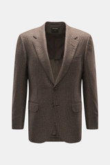 Zegna Sakko dunkelbraun/beige kariert, Slim Fit, Zwei-Knopf-Stil, fallendes Revers, Brusttasche, Hüfttaschen, halb gefüttert, frontal fotografiert.