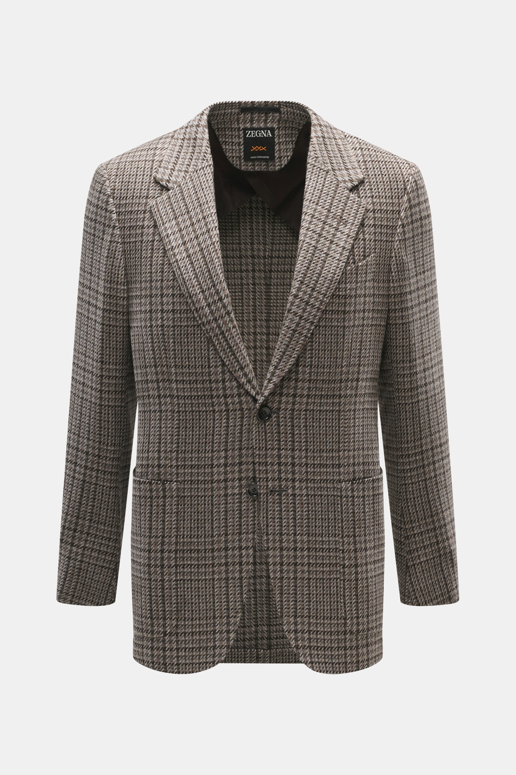 Zegna Cashmere Sakko 'Torino Couture' grau/dunkelgrau gemustert, frontale Nahaufnahme, Slim Fit, Fischgrat-Webmuster, zwei Knöpfe, tailliert, reine Cashmere-Qualität.