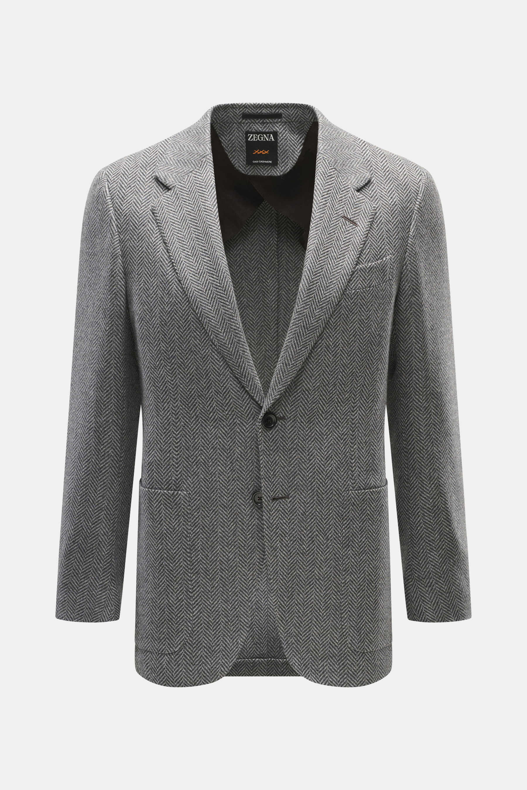 Zegna Cashmere Sakko 'Torino Couture' graubraun kariert, Slim Fit, Glencheck, halb gefüttert, Zwei-Knopf-Stil, frontal fotografiert.