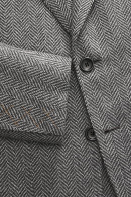 Nahaufnahme des graubraun karierten Zegna Cashmere Sakko 'Torino Couture' mit Glencheck-Muster, Knöpfen und feiner Stoffstruktur aus reiner Wolle.