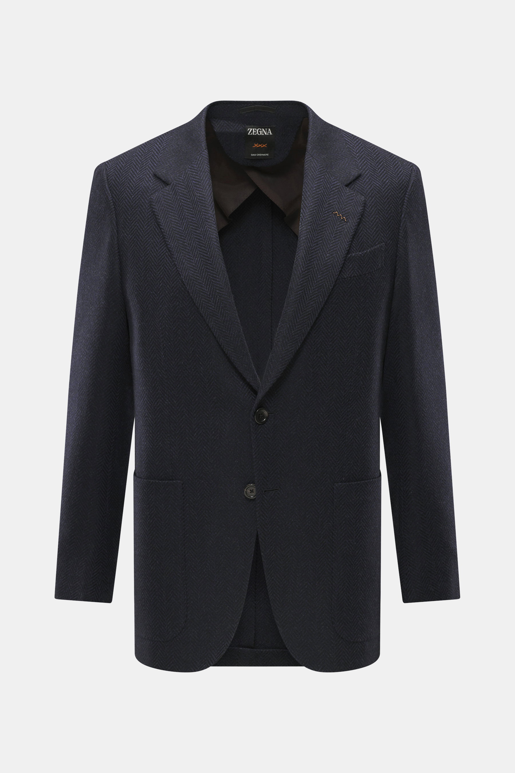 Front view of Zegna Blazer 'Couture' navy/black patterned with slim fit, notched lapel, two-button style, subtle herringbone pattern.

Description: 
<p>A statement piece for the highest demands: The 'Couture' blazer by ZEGNA combines fine cashmere with si
