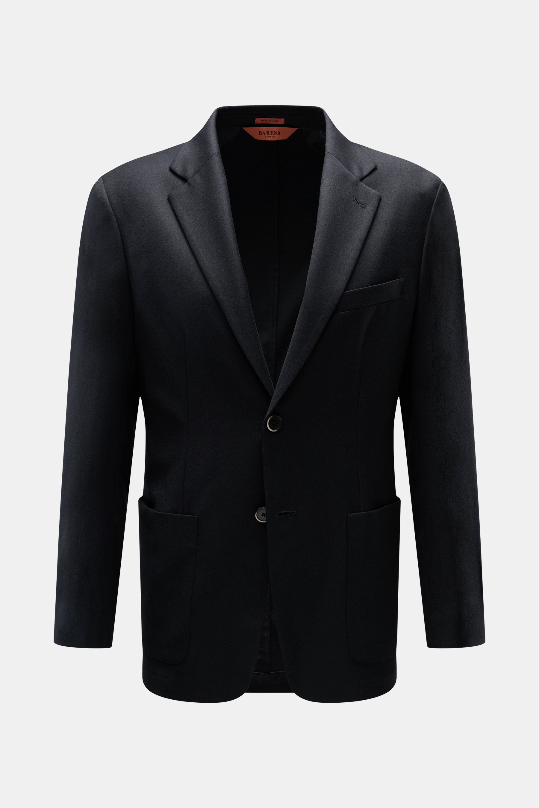 Barena Venezia Sakko navy, Slim Fit, reine Schurwolle, weicher Griff, gerade geschnittener Zwei-Knopf-Stil, fallendes Revers, Brusttasche, Hüfttaschen, Kissing Buttons, Seitenschlitze, Unconstructed Design, zwei Innentaschen, frontale Perspektive.