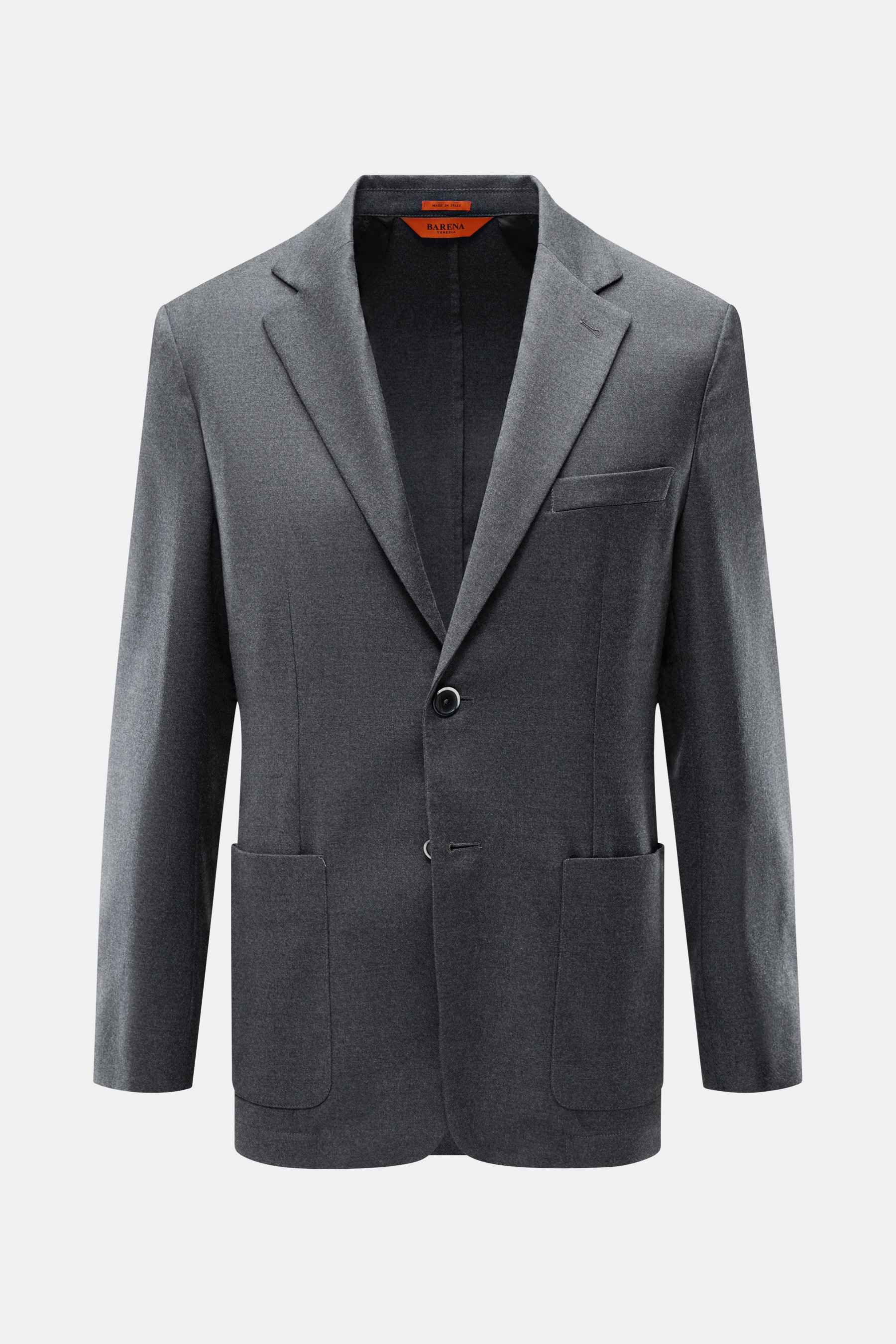 Barena Dark grey melange blazer photographed from the front, made of pure virgin wool with soft touch, slim fit, straight cut two-button style, notched lapel, classic breast pocket, patch hip pockets, kissing buttons, rear side vents, unconstructed design