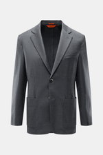 Frontale Nahaufnahme des Barena Sakko dunkelgrau meliert aus reiner Schurwolle mit weichem Griff, Slim Fit, Zwei-Knopf-Stil, fallendem Revers, Brusttasche, Hüfttaschen, Kissing Buttons, Seitenschlitzen, Unconstructed Design und zwei Innentaschen.