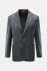 Frontale Nahaufnahme des Barena Sakko dunkelgrau meliert aus reiner Schurwolle mit weichem Griff, Slim Fit, Zwei-Knopf-Stil, fallendem Revers, Brusttasche, Hüfttaschen, Kissing Buttons, Seitenschlitzen, Unconstructed Design und zwei Innentaschen.
