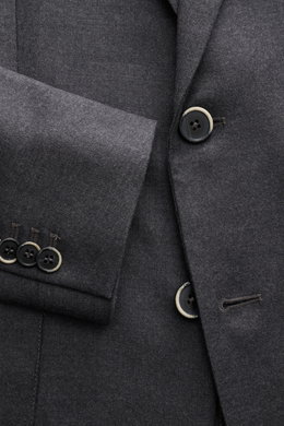 Nahaufnahme des Barena Sakko dunkelgrau meliert, Slim Fit, reine Schurwolle, weicher Griff, Zwei-Knopf-Stil, fallendes Revers, Brusttasche, Hüfttaschen, Kissing Buttons, Seitenschlitze, Unconstructed Design, zwei Innentaschen.
