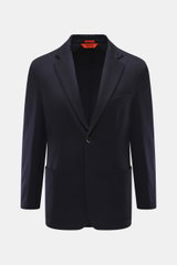 Front view of Barena Venezia Cashmere Blazer Navy, pure cashmere, very soft feel, slim fit, straight-cut two-button style, notched lapel, classic breast pocket, patch hip pockets, kissing buttons, back side vents, unconstructed design, two inner pockets.