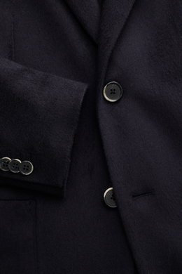 Close-up front view of Barena Venezia Cashmere Blazer Navy showcasing pure cashmere, very soft feel, slim fit, straight-cut two-button style, notched lapel, classic breast pocket, patch hip pockets, kissing buttons, back side vents, unconstructed design, 